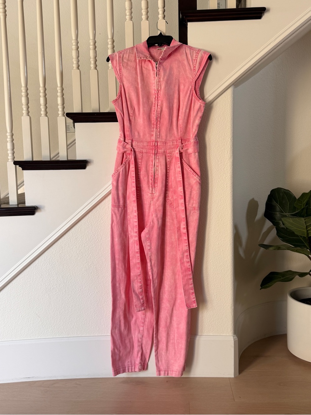 Skies Are Blue Pink Sleeveless Denim Jumpsuit with Waist Tie